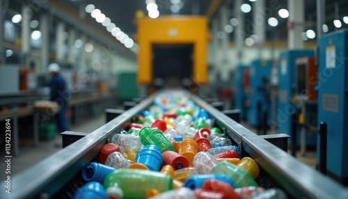 Wallpaper Mural Recycling facility conveyor belt filled with colorful plastic waste. Recycling process in action. Plastic bottles, cups transported on conveyor. Industrial equipment visible in background. Recycling Torontodigital.ca