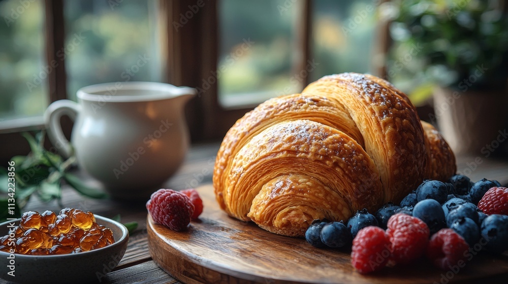 Croissant breakfast with jam and berries Croissant breakfast with jam and berries
