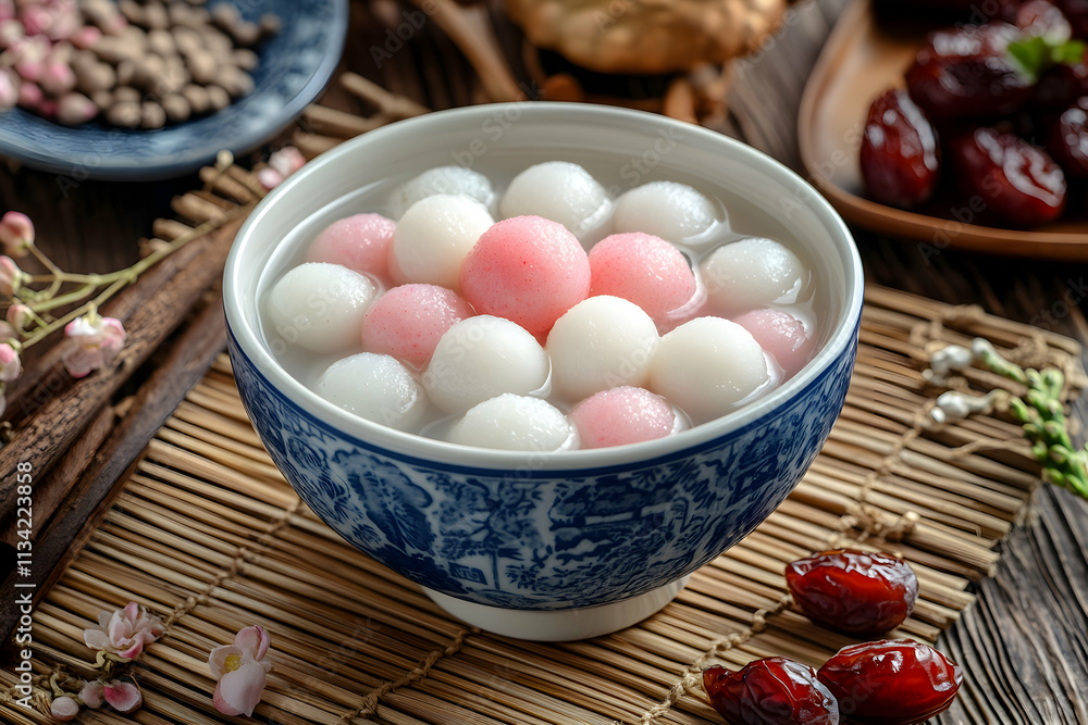 Bowl of pink and white mochi in soup for Chinese New Year Bowl of pink and white mochi in soup for Chinese New Year