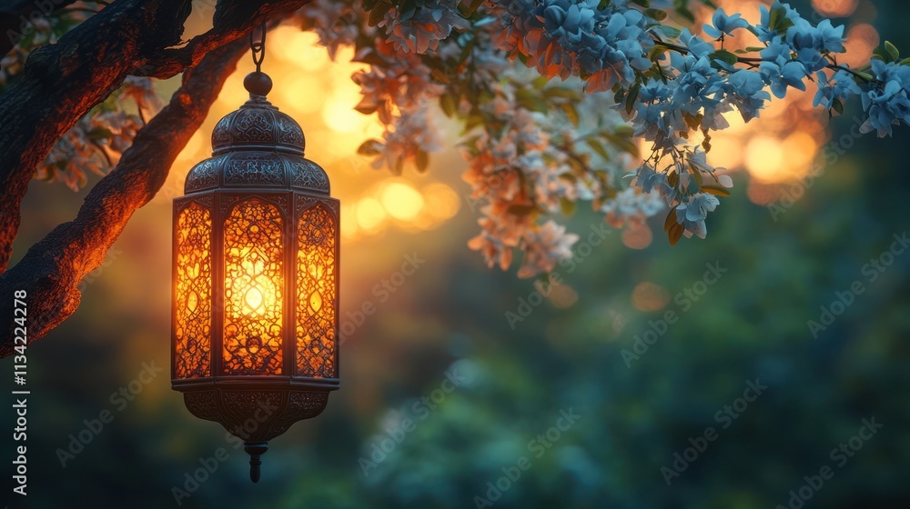 Illuminated lantern hanging from tree branch at sunset. Illuminated lantern hanging from tree branch at sunset.