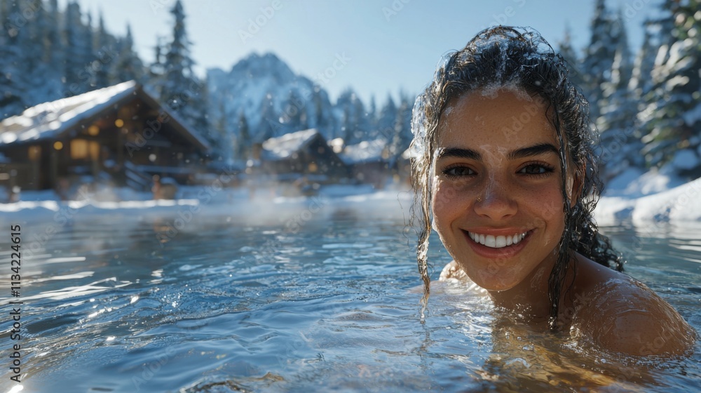 Obraz premium Smiling woman relaxing in a hot spring with snow-covered background