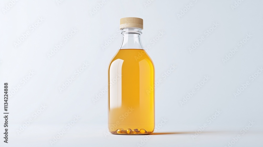 A clear glass bottle filled with golden oil, featuring a wooden cap, set against a minimalist white background. A clear glass bottle filled with golden oil, featuring a wooden cap, set against a minimalist white background.