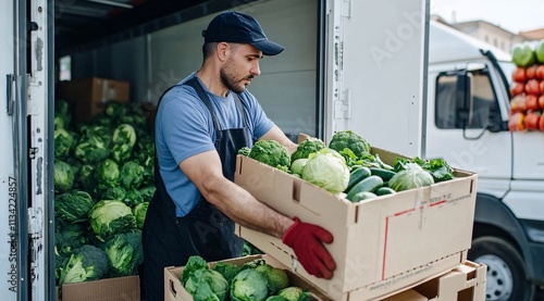 A man unloads a box of fresh vegetables from a truck, surrounded by green produce, showcasing a busy delivery scene.