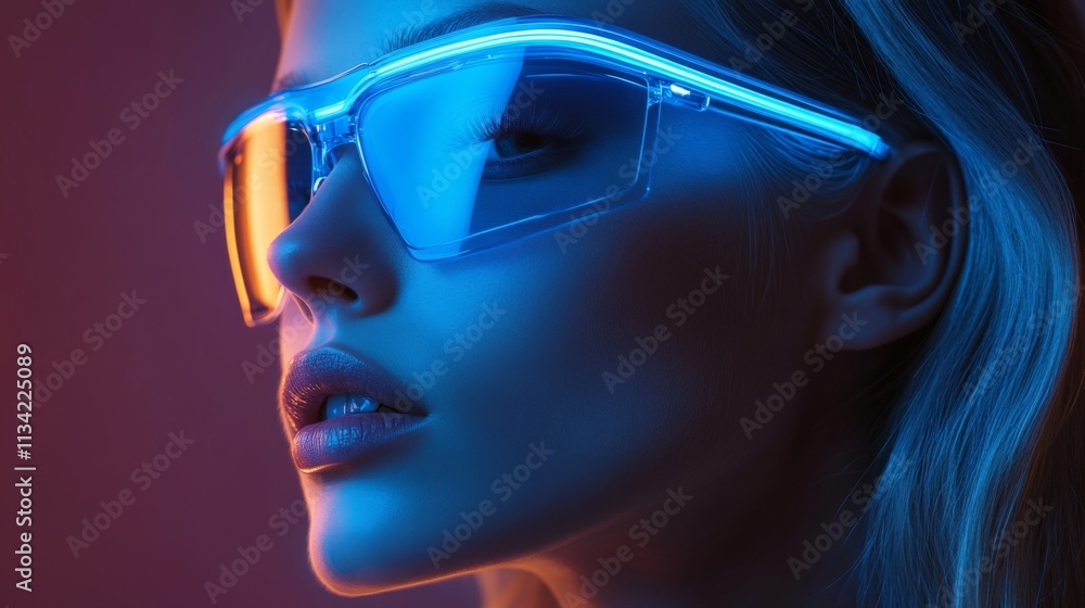 Close-up portrait of a woman in blue neon sunglasses Close-up portrait of a woman in blue neon sunglasses
