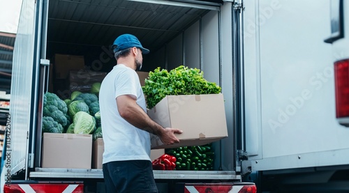 A man unloading fresh vegetables from a delivery truck, showcasing vibrant greens and a focus on healthy produce.