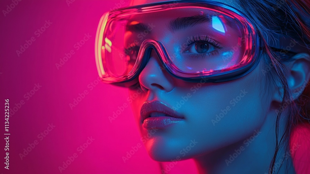 Portrait of a woman wearing vibrant pink goggles Portrait of a woman wearing vibrant pink goggles