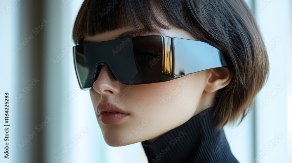 Close-up of a stylish woman wearing bold futuristic sunglasses Close-up of a stylish woman wearing bold futuristic sunglasses