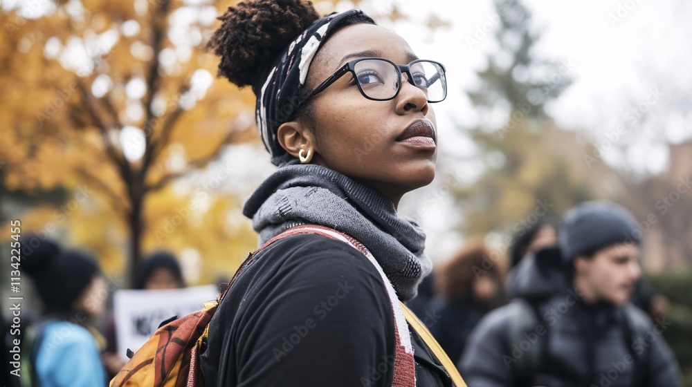 A young woman looks thoughtfully into the distance amidst an autumn backdrop, wearing glasses and a backpack, surrounded by a crowd. A young woman looks thoughtfully into the distance amidst an autumn backdrop, wearing glasses and a backpack, surrounded by a crowd.