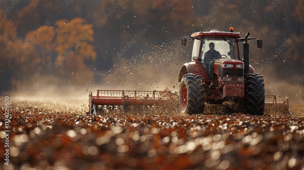 Farmer driving tractor on autumn field, preparing land for planting. Farmer driving tractor on autumn field, preparing land for planting.