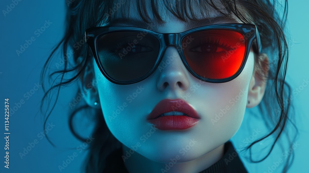 Portrait of a woman with red sunglasses against a blue water background Portrait of a woman with red sunglasses against a blue water background