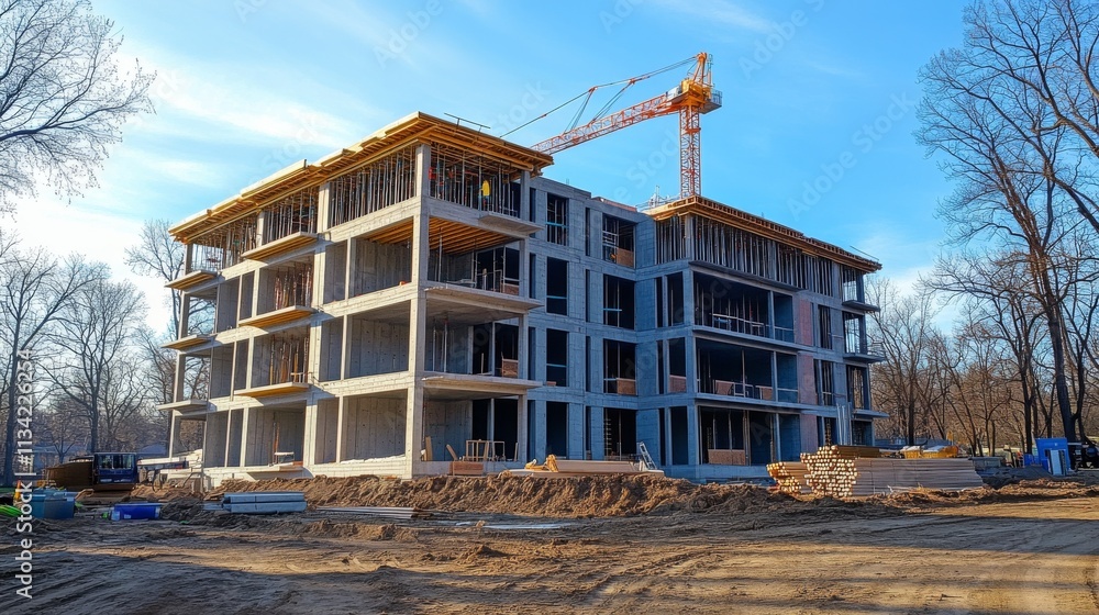Modern residential building under construction with crane Modern residential building under construction with crane