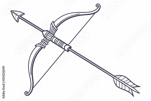 Archery Bow and Arrow, Bow drawn tight with an arrow in position curved limbs, and taut string vector silhouette on a white background