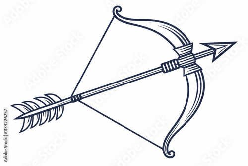 Archery Bow and Arrow, Bow drawn tight with an arrow in position curved limbs, and taut string vector silhouette on a white background