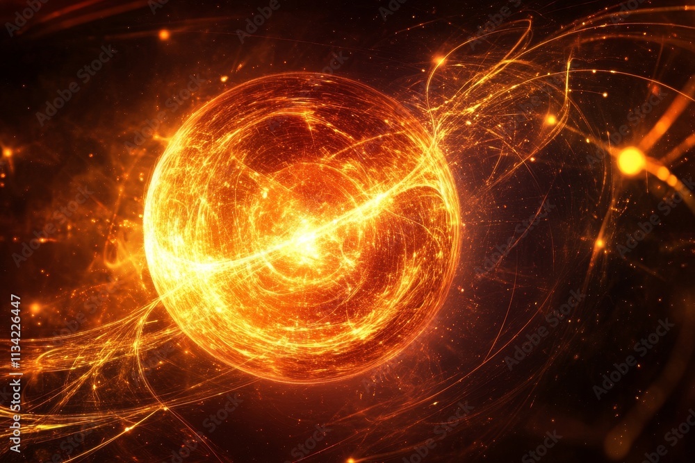 Obraz premium Glowing Orb of Energy in a Cosmic Space with Radiant Light Trails and Celestial Background Showcasing the Beauty of Stellar Phenomena and Universal Wonders