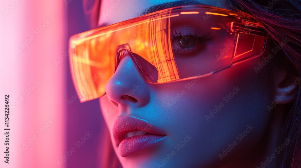 Close-up portrait of a woman in pink and blue lighting wearing red sunglasses Close-up portrait of a woman in pink and blue lighting wearing red sunglasses