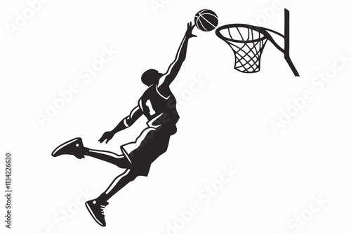 Basketball Player Dunking, High jump pose with one arm stretched toward the hoop, holding the ball vector silhouette on a white background