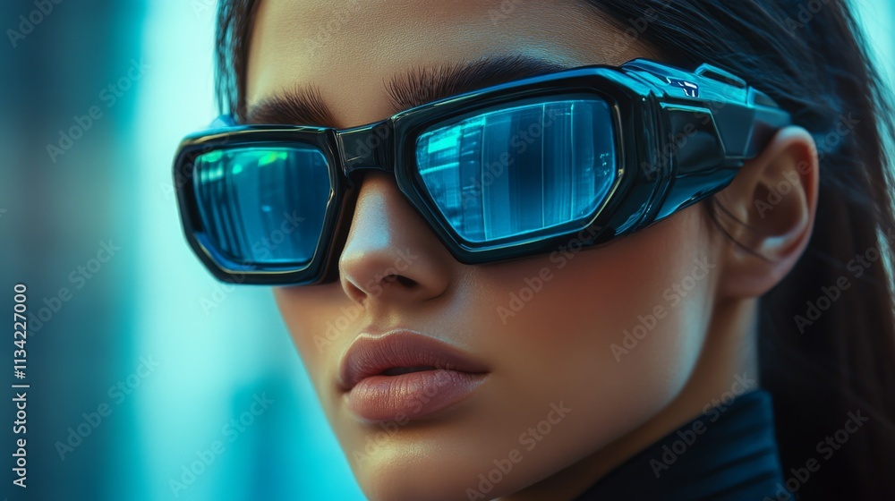 Stylish woman wearing reflective blue sunglasses in a neon setting Stylish woman wearing reflective blue sunglasses in a neon setting
