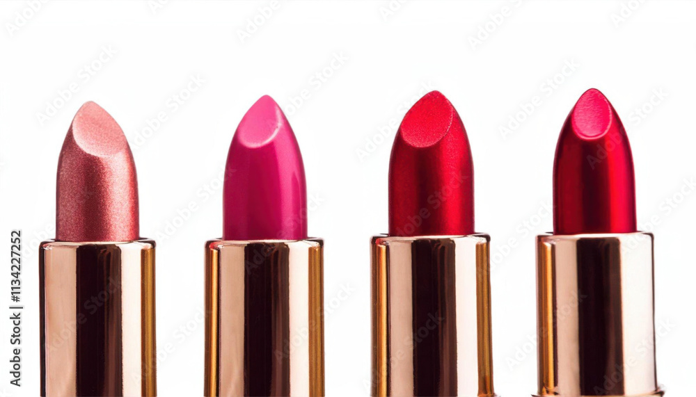 Set of red and pink lipsticks isolated on white background with a glossy shine Set of red and pink lipsticks isolated on white background with a glossy shine