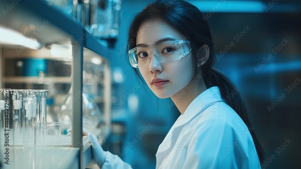 Female scientist smiling in laboratory room while looking at camera confidently Female scientist smiling in laboratory room while looking at camera confidently