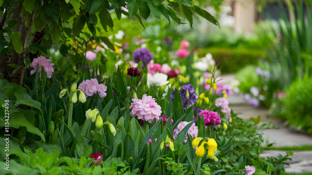 A vibrant garden with various colorful flowers, including red, yellow, and orange blooms, surrounded by lush green foliage. A vibrant garden with various colorful flowers, including red, yellow, and orange blooms, surrounded by lush green foliage.