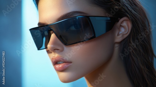 Close-up side profile of a woman wearing reflective sunglasses