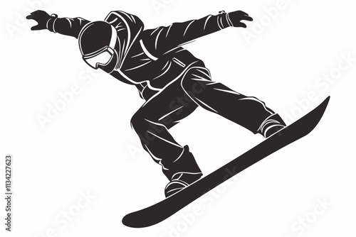 Snowboarder Jumping, Mid-trick pose with a slightly bent board and arms spread wide for balance vector silhouette on a white background