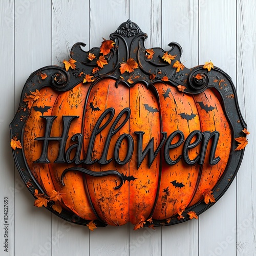 A black and orange Halloween sign with a pumpkin shape, the word Halloween in black script, bats, and fall leaves on a white wood background. photo