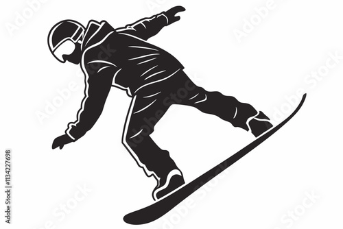 Snowboarder Jumping, Mid-trick pose with a slightly bent board and arms spread wide for balance vector silhouette on a white background