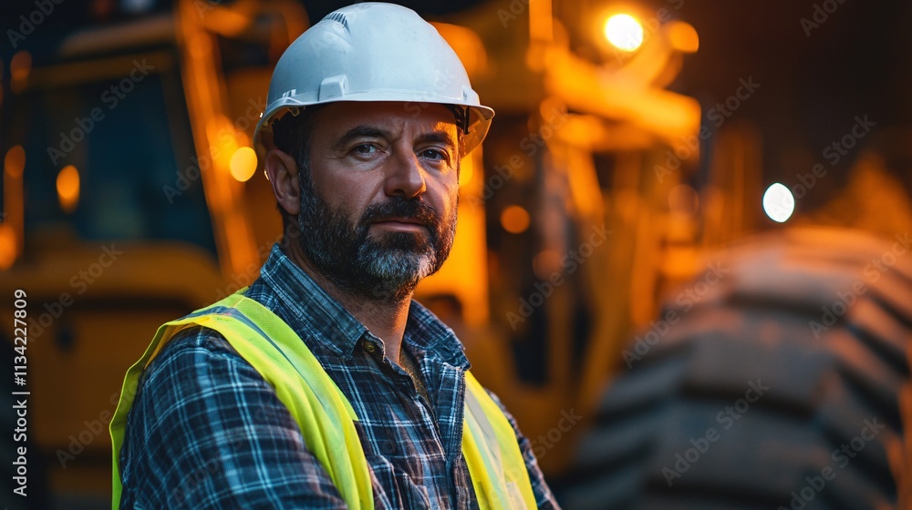 A construction worker in a hard hat and safety vest stands confidently in front of heavy machinery, illuminated by warm lighting. A construction worker in a hard hat and safety vest stands confidently in front of heavy machinery, illuminated by warm lighting.