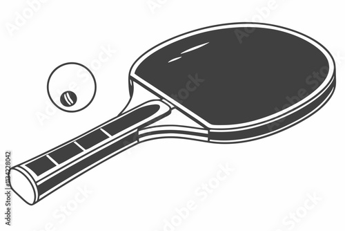 Table Tennis Paddle and Ball, A circular paddle head and a small ball hovering near the face vector silhouette on a white background