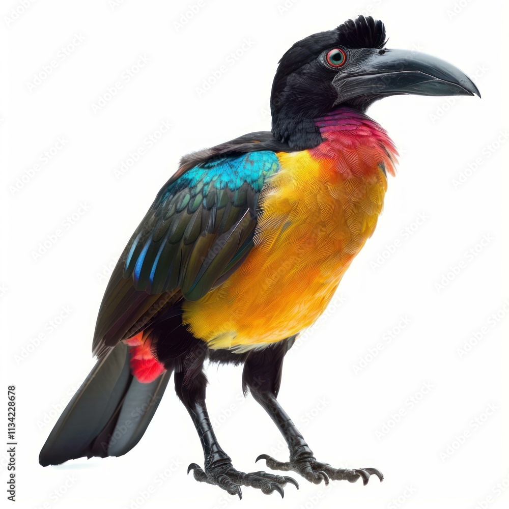 Fototapeta premium Colorful plate billed mountain toucan standing on a seamless white background