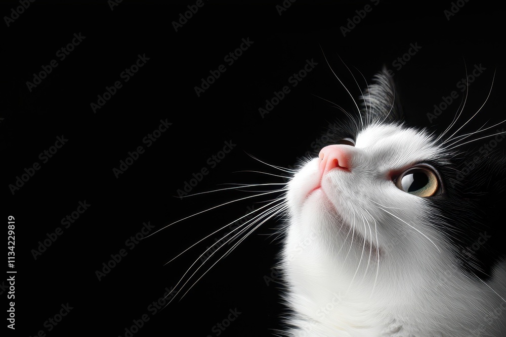 Adorable Cat Gazing Upwards with Long Whiskers on a Black Background Adorable Cat Gazing Upwards with Long Whiskers on a Black Background