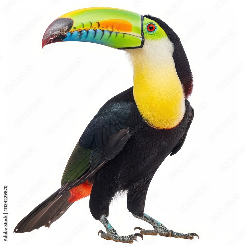 Full body portrait of a keel billed toucan standing, showing its colorful beak, isolated on white Full body portrait of a keel billed toucan standing, showing its colorful beak, isolated on white