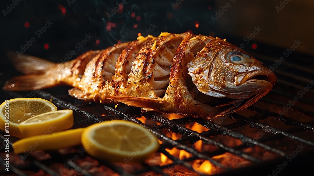 Grilled white fish sizzling on the grill, a delicious and healthy seafood meal Grilled white fish sizzling on the grill, a delicious and healthy seafood meal
