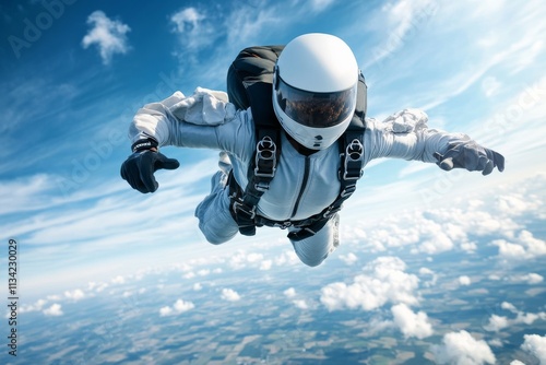 Skydiver performs freefall above a beautiful landscape on a clear sunny day with fluffy clouds photo