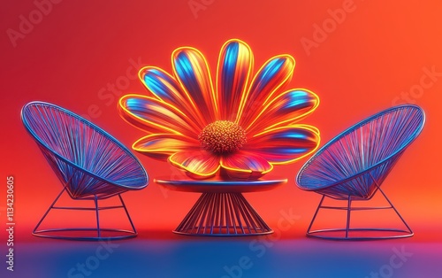 Neon flower centerpiece between two chairs.