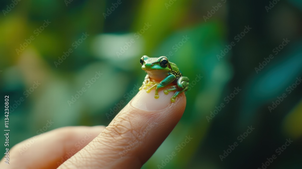 Tiny Green Frog Sitting on Human Finger in Lush Green Background Tiny Green Frog Sitting on Human Finger in Lush Green Background