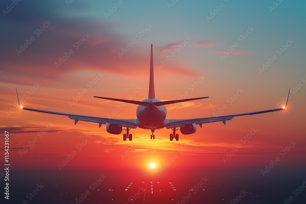 Airplane silhouette at sunset sky background. Airplane silhouette at sunset sky background.