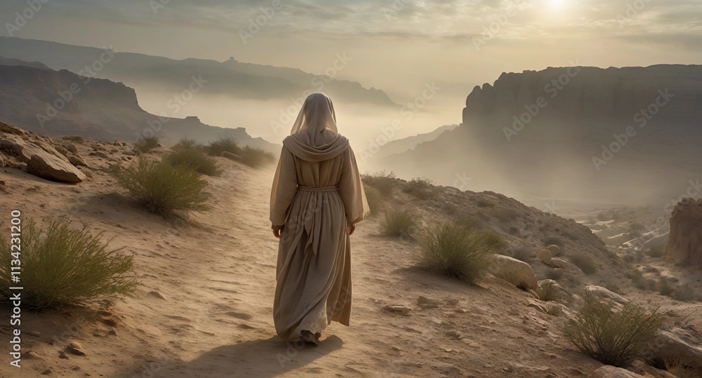 Biblical character on desert. back view of Woman going to holy lands