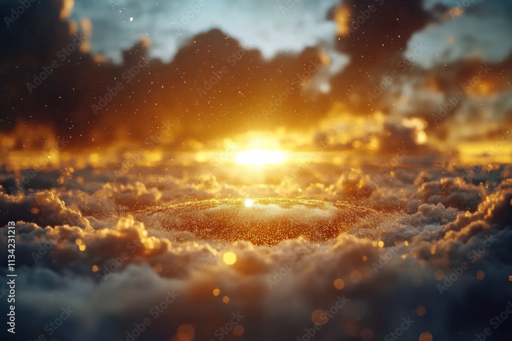 Dramatic sunset over clouds creates a surreal atmosphere with golden hues and scattered light particles in the evening sky Dramatic sunset over clouds creates a surreal atmosphere with golden hues and scattered light particles in the evening sky