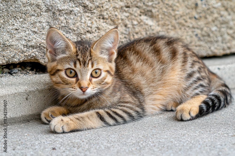 Playful Tabby Kitten Resting on a Concrete Surface with Gray Stone Background Playful Tabby Kitten Resting on a Concrete Surface with Gray Stone Background