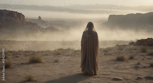 Biblical character on desert. back view of Woman going to holy lands photo