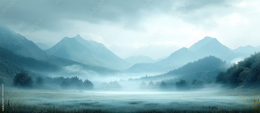 Misty mountain landscape with fog covering valley and trees. Misty mountain landscape with fog covering valley and trees.