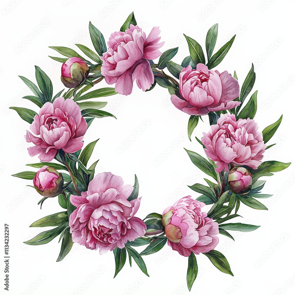 A beautiful circular wreath made of pink peonies and green leaves, symbolizing beauty and nature, perfect for decorative purposes. A beautiful circular wreath made of pink peonies and green leaves, symbolizing beauty and nature, perfect for decorative purposes.