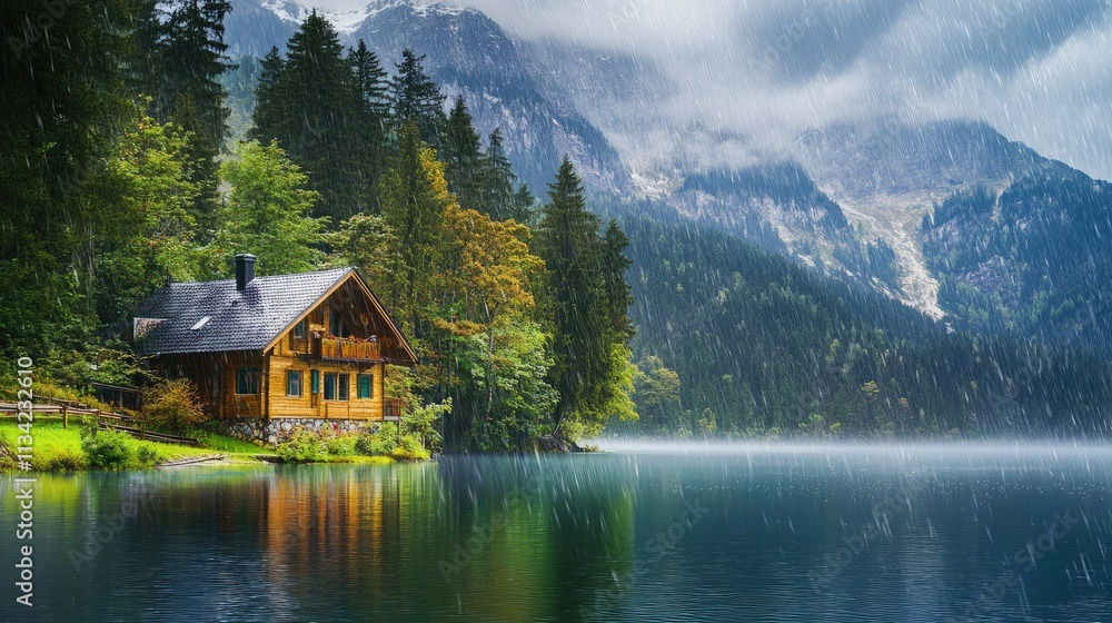 Traditional house on lake in mountain forest with rain Traditional house on lake in mountain forest with rain