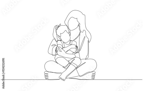 Continuous one line drawing of mom hugging little daughter on her lap, happy mother and daughter, raising children concept, single line art