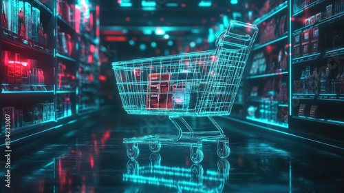 Futuristic shopping cart in a digital supermarket. photo