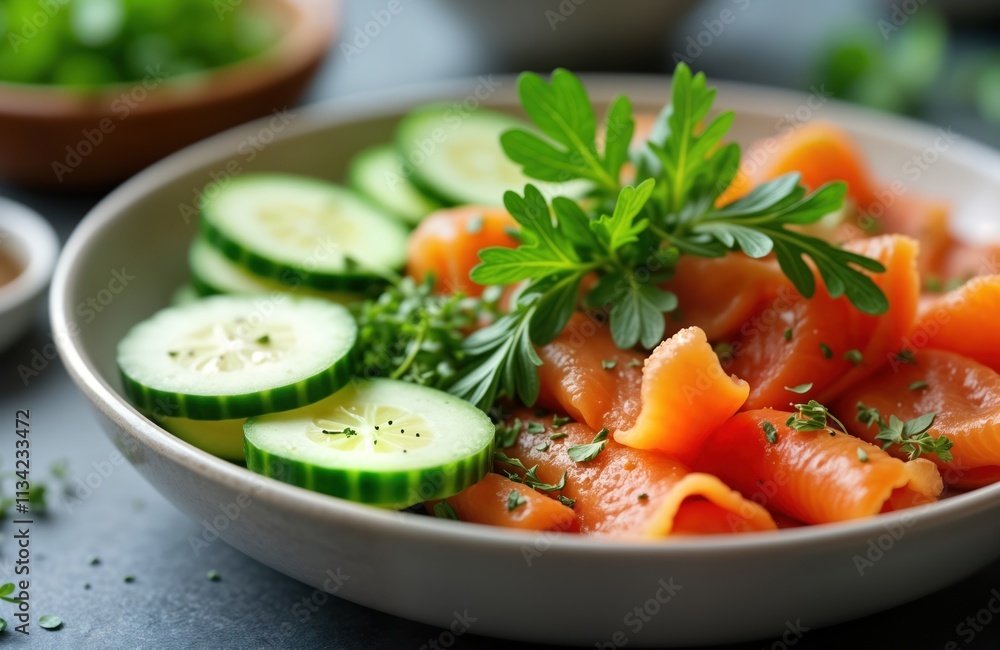 Bowl of delicious smoked salmon, cucumber. Freshly sliced cucumbers, smoked salmon arranged together on plate. Garnish with fresh herbs. Great for breakfast appetizer. Healthy, tasty food idea. Image Bowl of delicious smoked salmon, cucumber. Freshly sliced cucumbers, smoked salmon arranged together on plate. Garnish with fresh herbs. Great for breakfast appetizer. Healthy, tasty food idea. Image