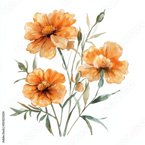 A vibrant watercolor illustration of three orange flowers with delicate green leaves, capturing the beauty of nature in a soft and artistic style.