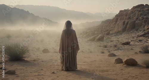 Biblical character on desert. back view of Woman going to holy lands